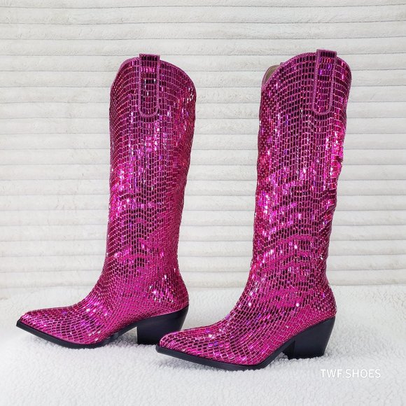 Mirage Fuchsia Pink Rhinestone Pull On Western Cowgirl Knee Boots - Picture 6 of 17